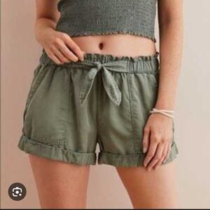 AERIE Olive Green Camp Style Lyocell Tie Waist Shorts
